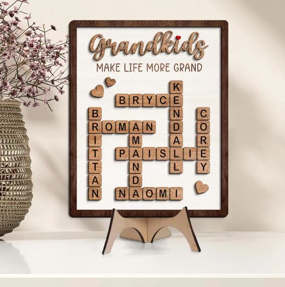 Personalized Grandma Puzzle Sign – Wooden Crossword Grandkids Name Sign, Grandparents Gift