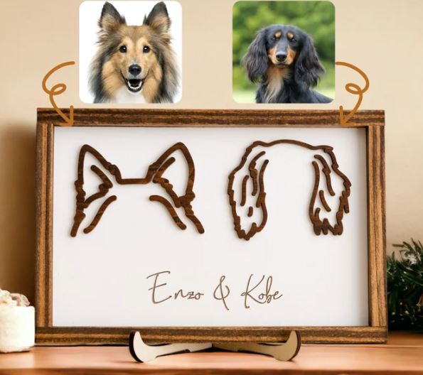 Custom Dog Ear Wall Art – Personalized Wooden Pet Portrait, Dog Ear Outline Memorial Gift