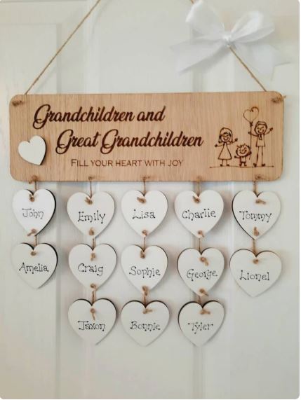 Grandchildren and Great Grandchildren Plaque – Personalized Wooden Hanging Hearts Family Name Sign