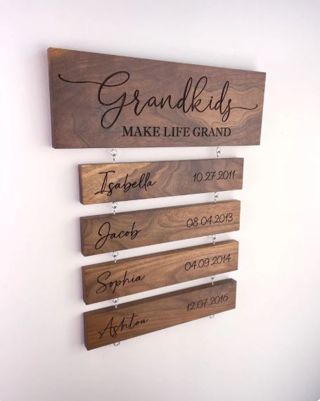 Grandkids Make Life Grand Sign – Personalized Wooden Family Name Plaque with Birthdates