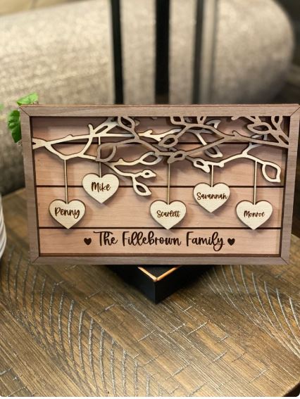 Personalized Wooden Family Tree Sign – Custom Hanging Hearts Grandkids Names Plaque Gift