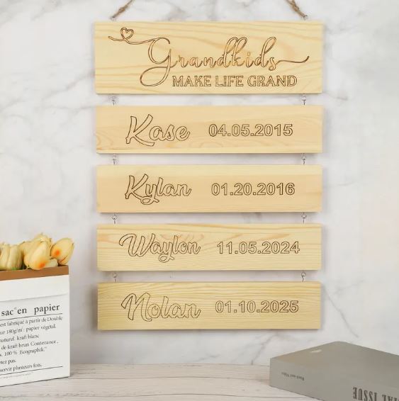 Personalized Wooden Grandchildren Sign – Custom Name & Birthday Plaque Gift for Grandma
