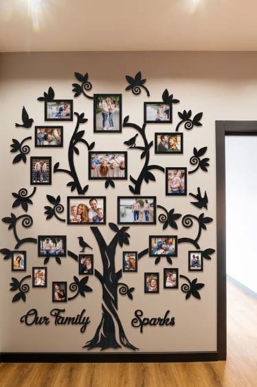 Large Wooden Family Tree Wall Art – Big Family Tree with Photo Frames & Birds for Living Room Décor