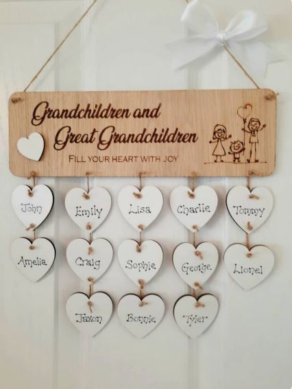 Grandchildren and Great Grandchildren Plaque – Personalized Wooden Family Name Sign with Hanging Hearts