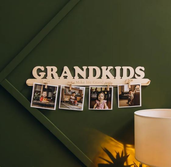 Grandkids Photo Holder with Clips – Personalized Wooden Picture Display for Grandma & Grandpa