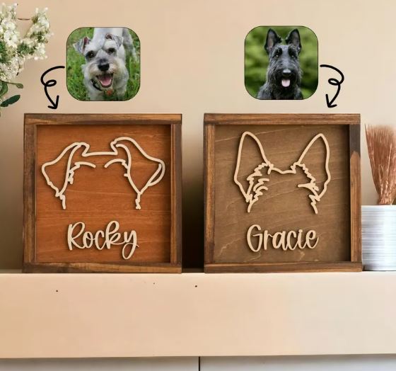 Dog Ear Silhouette Wall Art – Personalized Pet Portrait Wooden Sign, Custom Dog Ear Outline Memorial Gift