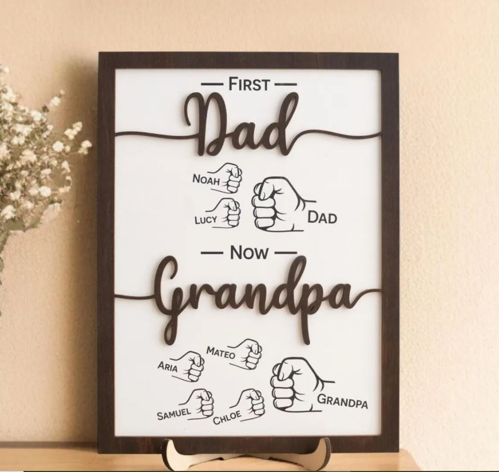 Personalised "First Dad, Now Grandpa" Wooden Plaque | Custom Fist Bump Sign with Kids’ Names – Father’s Day & Grandpa