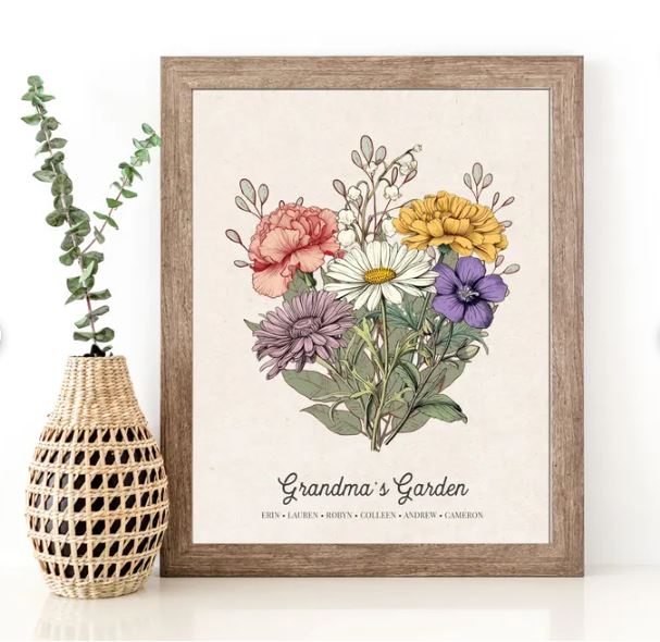Grandma’s Garden Birth Flower Print – Personalized Gift from Grandchildren, Mother’s Day Custom Wall Art